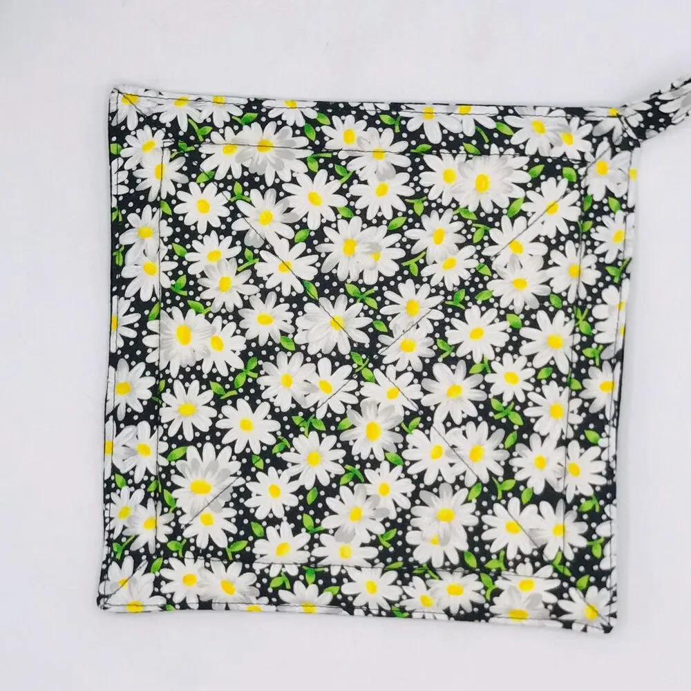 2 Square Potholders, Black and White Daisies, Cottage Core Kitchen 7x7 Inches